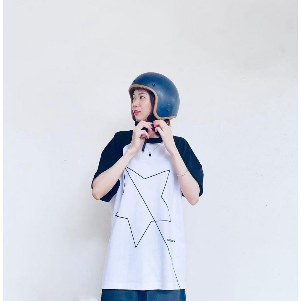 Áo thun tay lỡ Raglan phối màu tay áo đen trắng họa tiết ngôi sao chất liệu 100% cotton 2 chiều áo form rộng Hot hè 2023