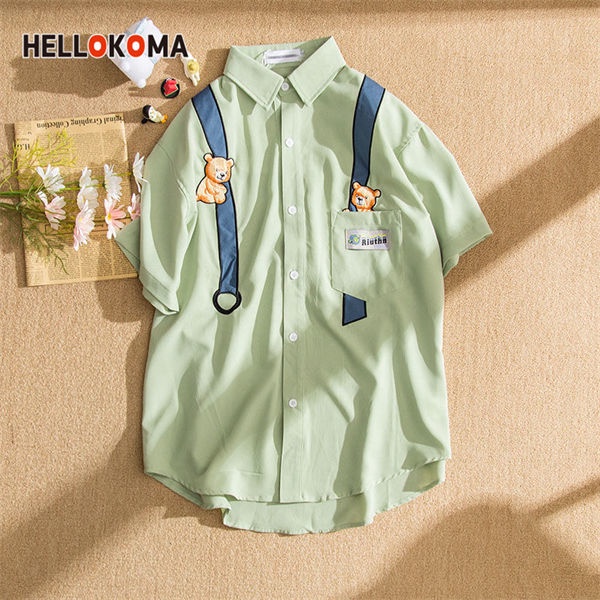Áo Sơ Mi Ngắn Tay Thêu Hình Gấu Phong Cách Retro Cho Nữ