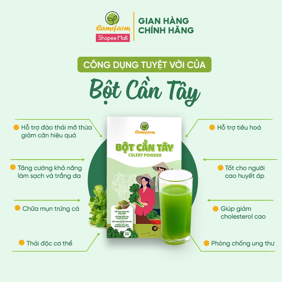 Bột cần tây sấy lạnh giảm cân CAMIFARM hỗ trợ giữ dáng, giải nhiệt cơ thể Nguyên Chất 100% Túi 30G