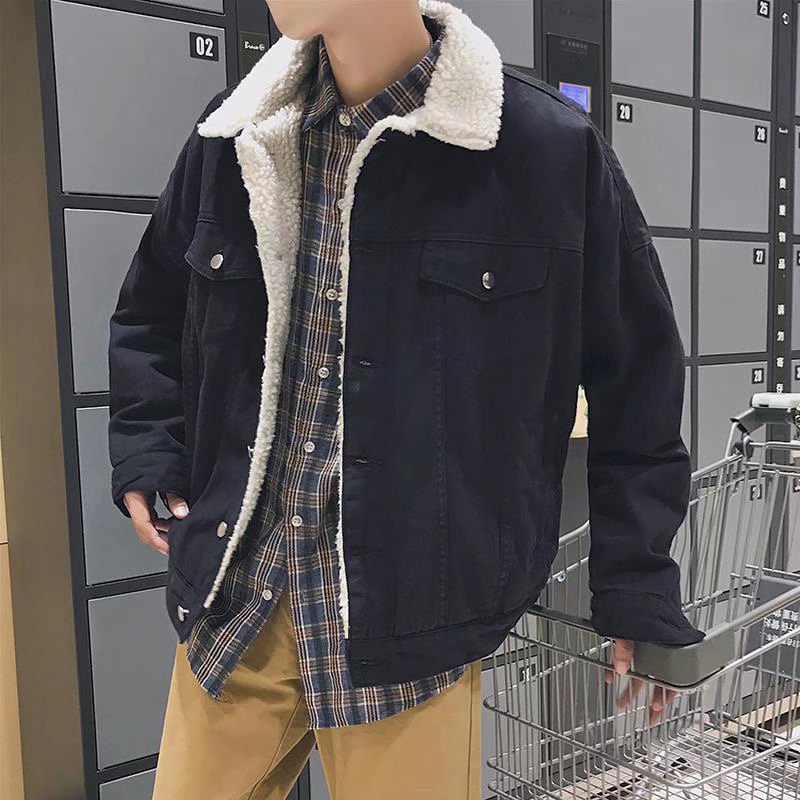 Áo Khoác Denim Lót Lông Cừu Dày Dặn Phong Cách Hàn Quốc Thời Trang Mùa Đông Kiểu Mới 3 Màu Tùy Chọn Cho Nam M-4XL