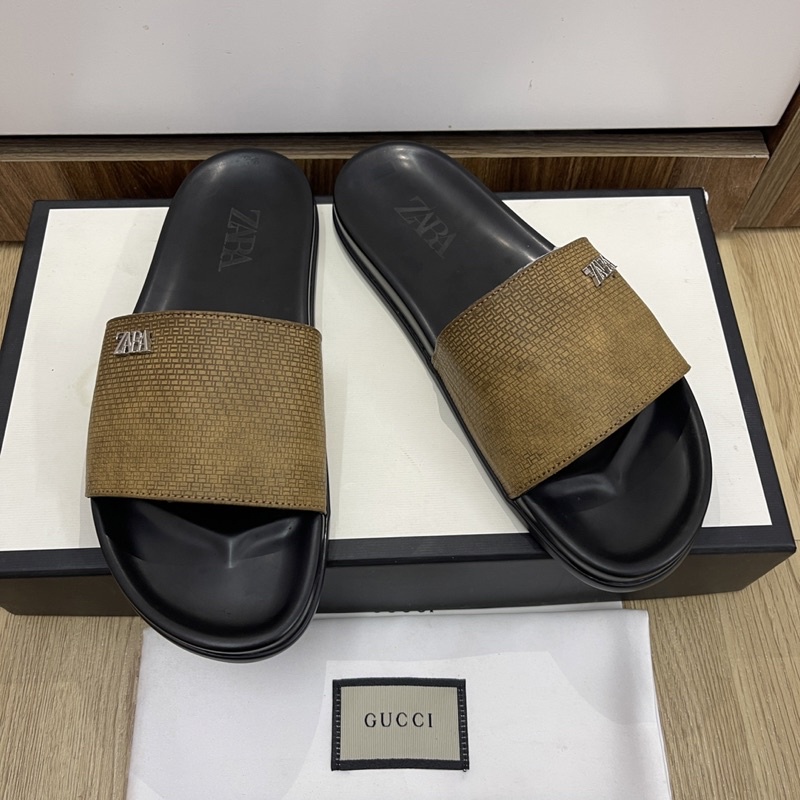 (Da Bò Thật ) dép quai ngang nam Da Bò thật quai vàng đế đen kèm video)