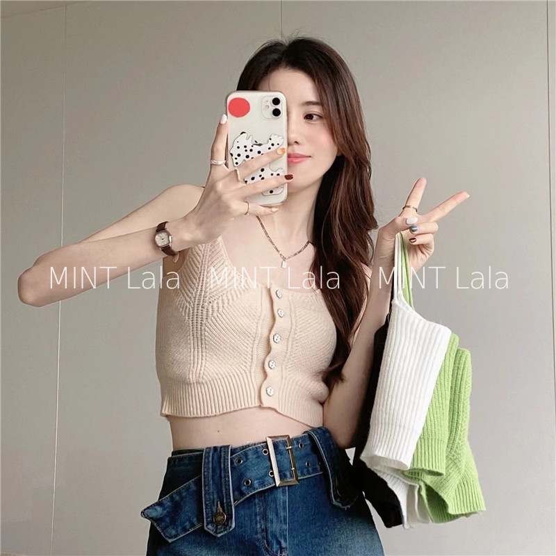 Áo Len Kiểu Croptop 2 Dây Cài Cúc Trước Xinh Xắn - [CÓ SẴN]