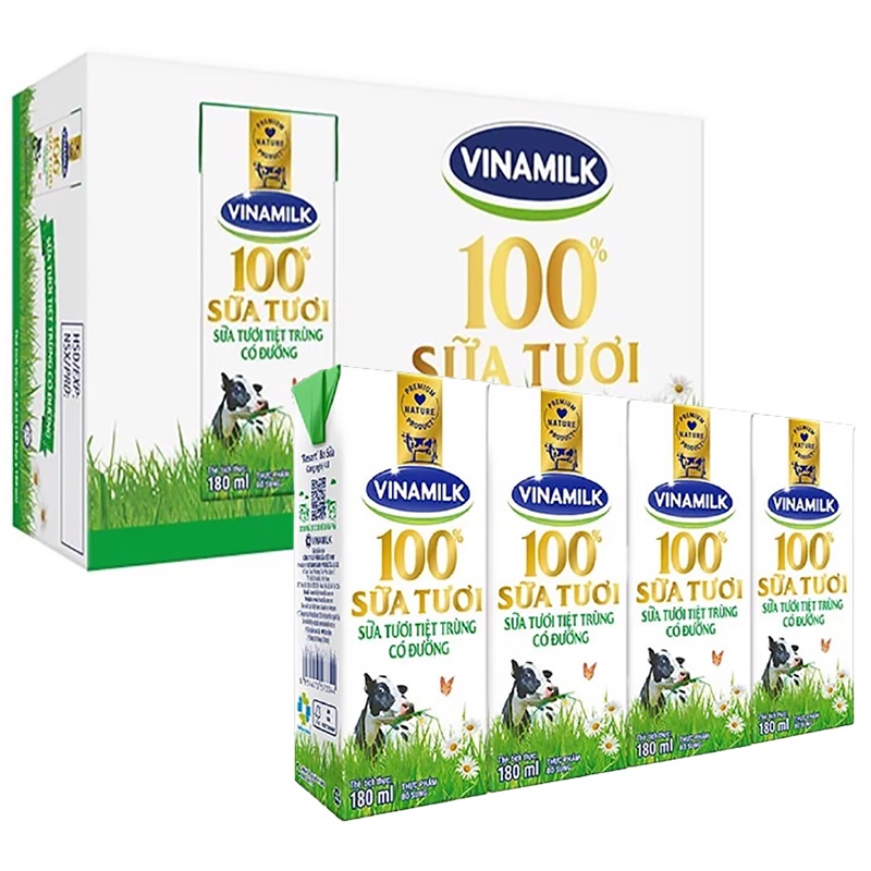 Sữa tươi tiệt trùng Vinamilk 100% 180ml có đường.
