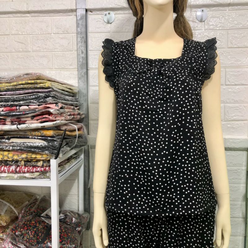 Bộ mặc nhà nữ chấm bi phối ren lụa mango siêu mát quần 9 tấc, đồ bộ nữ mặc nhà | BigBuy360 - bigbuy360.vn