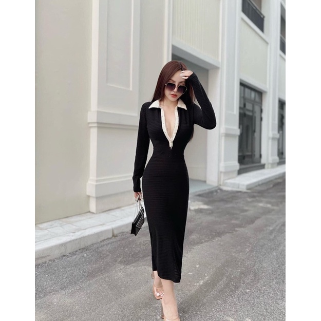 Đầm gân trụ viền cổ form dài bao đẹp