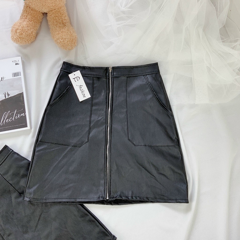 chân váy da 2 túi bên to màu đen xinh xắn mix đồ dễ thương cá tính