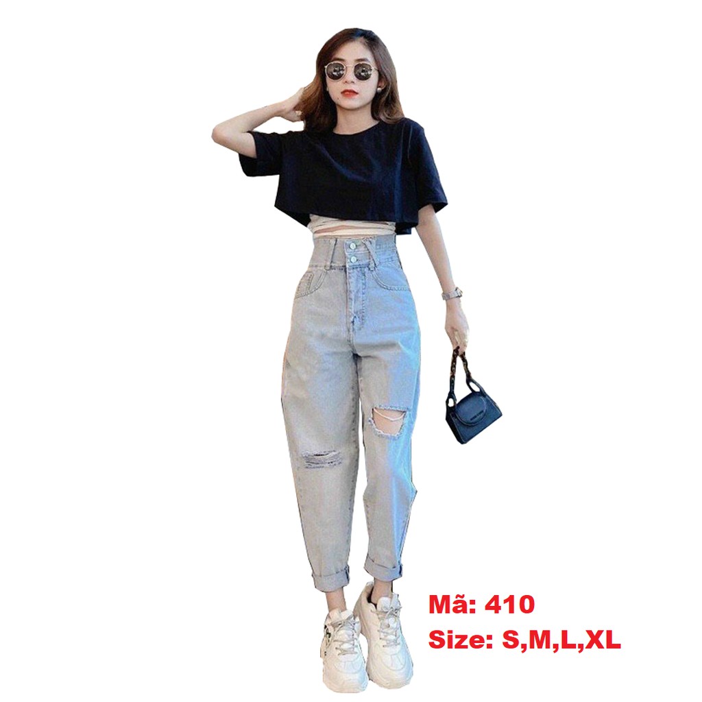 Quần baggy jean nữ đẹp ❤️FREESHIP❤️ Quần jeans nữ baggy phối lưng kiểu kết hợp rách cá tính from ôm A-T Fashion - BG410