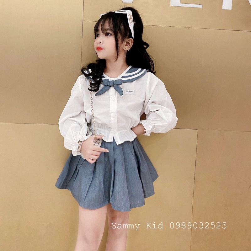 Set áo Sơmi Nữ sinh cổ Nơ Quần váy xoè đi học cho bé gái size đại 16-41kg siêu xinh dễ thương