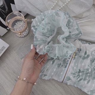 Set croptop hoa cúp ngực đan dây+ short