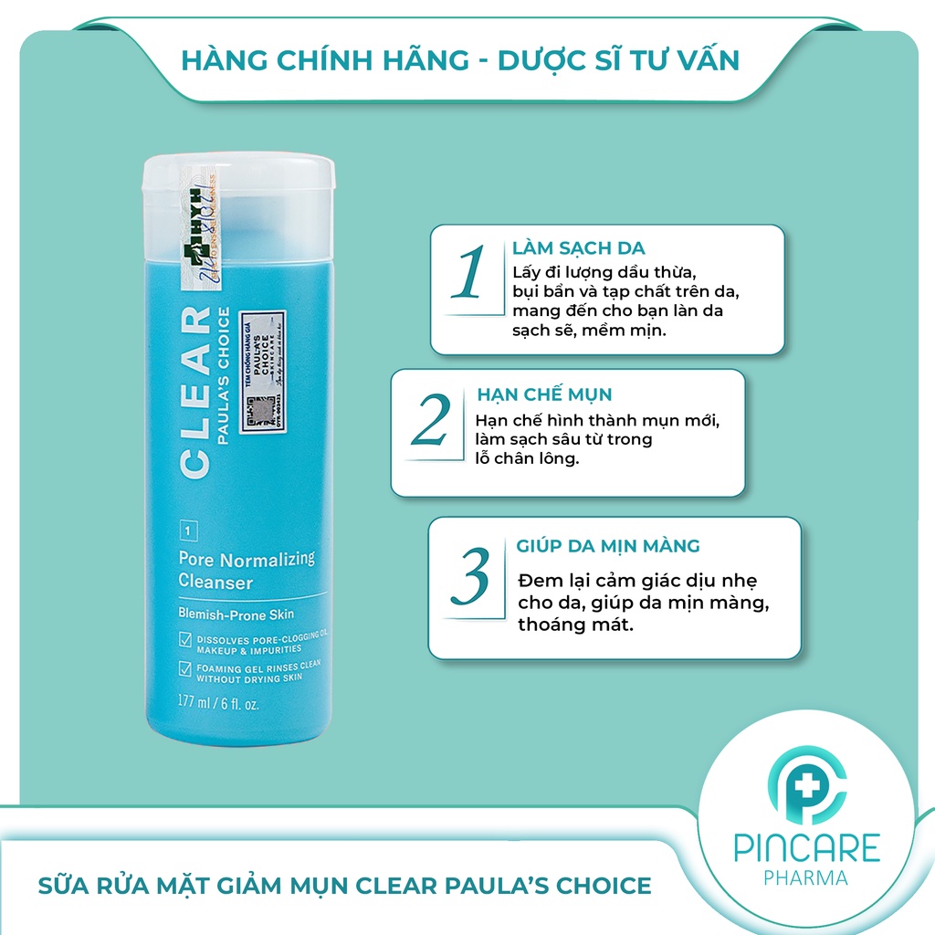 Sữa rửa mặt ngừa mụn, se khít lỗ chân lông Paula’s Choice Clear Pore Normalizing Cleanser 177ml-Hàng chính hãng-PinCare