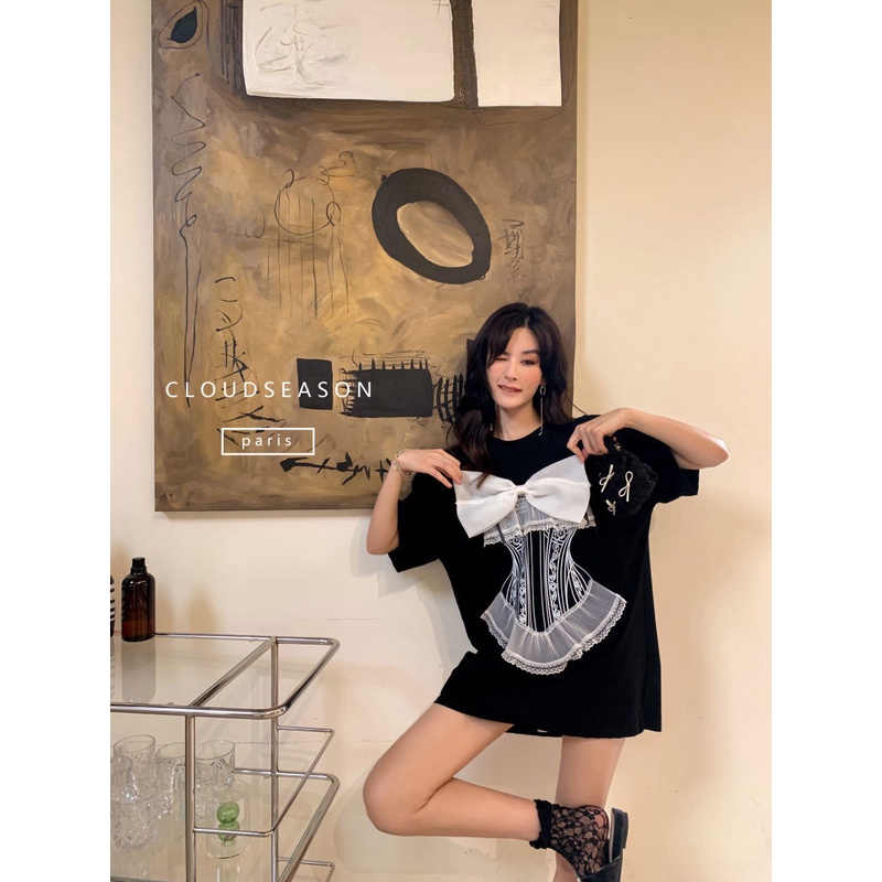 Áo thun màu đen ngắn tay dáng rộng trang trí nơ phối ren thời trang mùa hè cho nữ