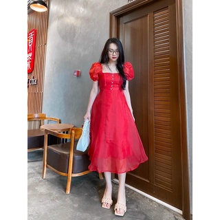 Đầm đỏ nút ngọc tay phồng