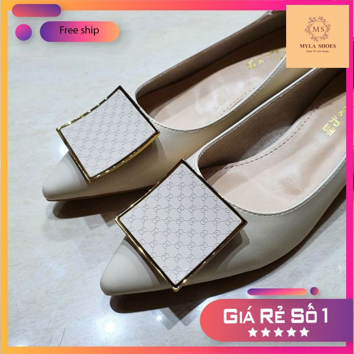 MYLA SHOES - Giày Búp Bê Da Lì Đính Mặt Vuông VNXK