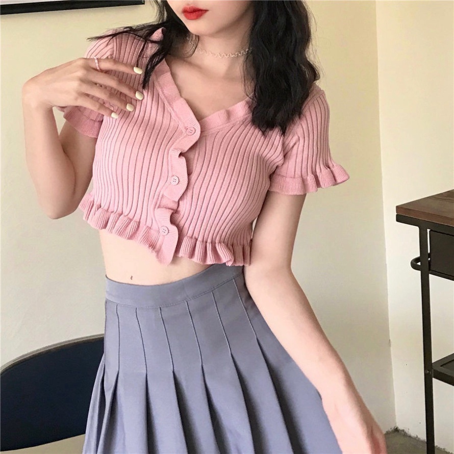 Áo Croptop phông nữ LUHAZO sexy dệt kim blackpink Ngắn Tay Cổ Chữ V Màu Trơn Phong Cách Hàn Quốc K5T3-2