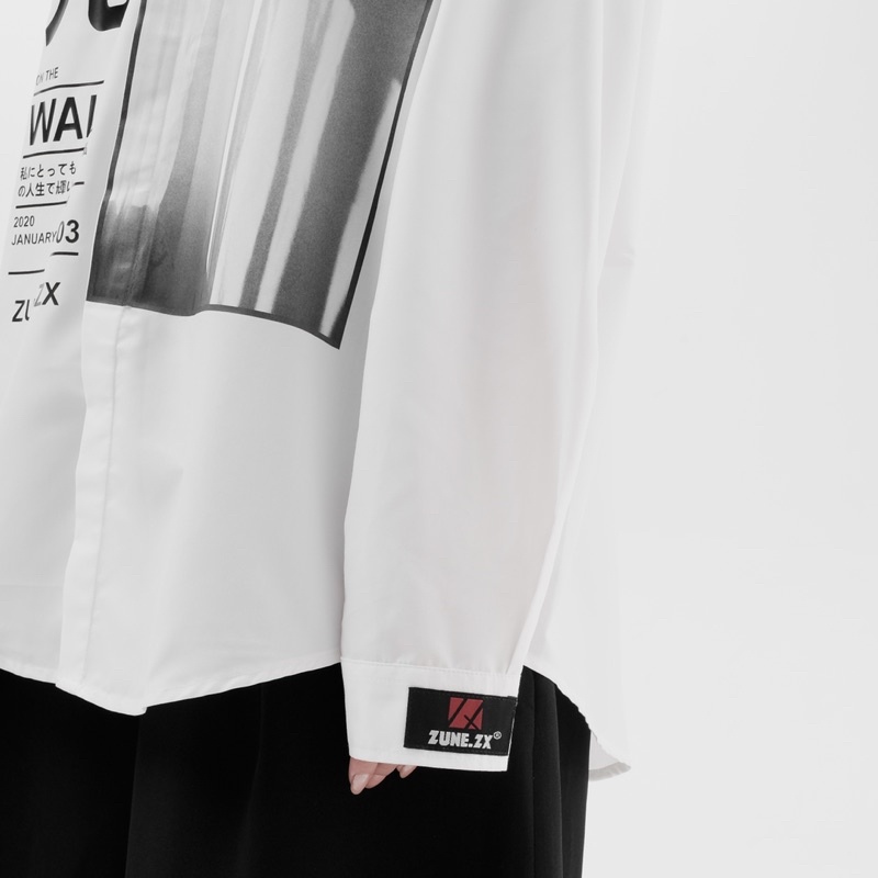Áo sơ mi unisex Zune.zx đen trắng in hình form rộng suông, Light shirt