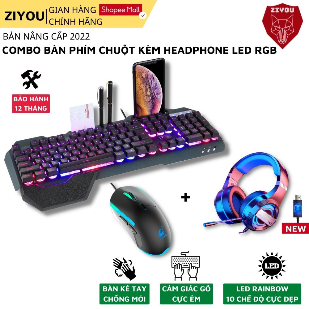 Combo Bàn Phím Và Chuột Gaming ZIYOU Kèm Tai Nghe Cao Cấp, Có Kê Tay Chống Mỏi Tương Thích Máy Tính, Laptop K618+V7+Q9