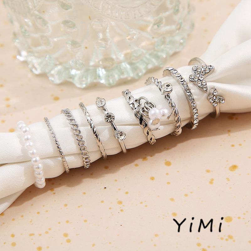 Set 9 nhẫn bạc ngọc trai pha lê thanh lịch Bộ nhẫn mỏng rỗng cho nữ phụ kiện trang sức