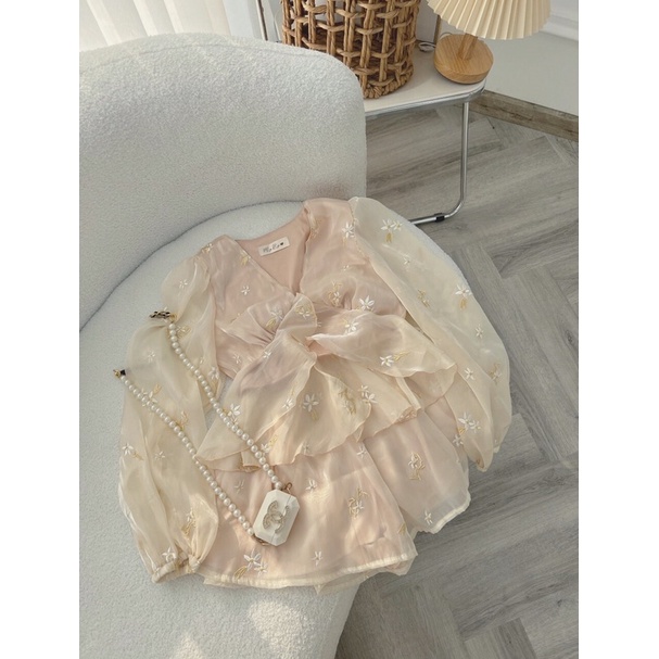 Set áo voan hoa nude+ chân váy voan