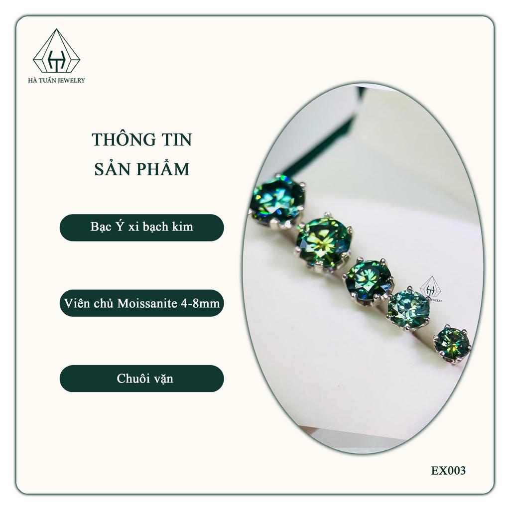 Bông tai Bạc nam nữ Moissanite xanh lá 57 giác 4-8mm EX003