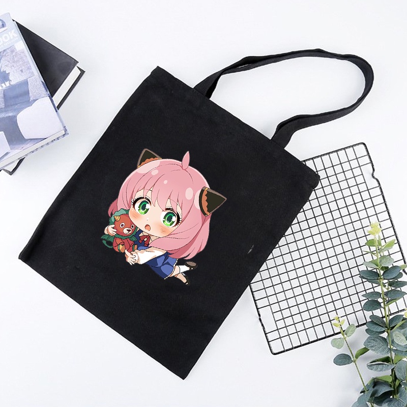 Túi tote vải đen trắng in hình SPY x Family ver nằm anime chibi dễ thương xinh xắn tiện lợi thời trang