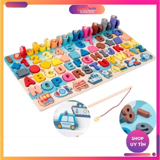 Bộ Đồ Chơi Gỗ 7 trong 1 - Xếp Khối, Giáo Cụ Montessori Ghép chữ, Ghép số, Câu Cá, Phương Tiện, Ghép Hình