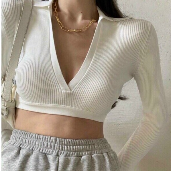 Áo Croptop hở bụng ❤️CAO CẤP❤️ Áo croptop cổ chữ V tay dài siêu sexxy Freeship