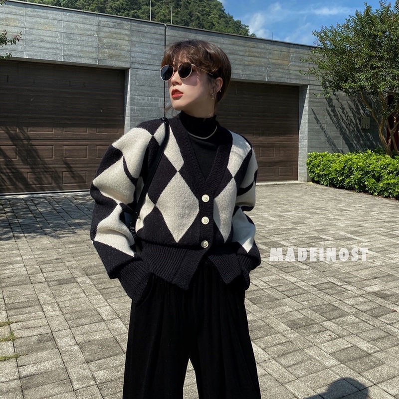 Áo Khoác Cardigan Nữ Croptop Caro Thoi Tông Đen Nâu Chất Liệu Len Dày Dài Tay Loại 1 Phong Cách Hàn Quốc Loại 1