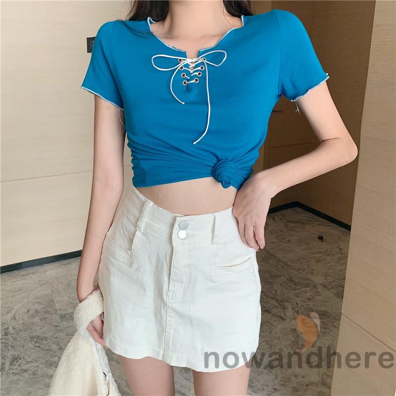 Áo Thun Tay Ngắn Cổ Đan Dây Chéo Màu Sắc Trơn Thời Trang Cho Nữ | BigBuy360 - bigbuy360.vn