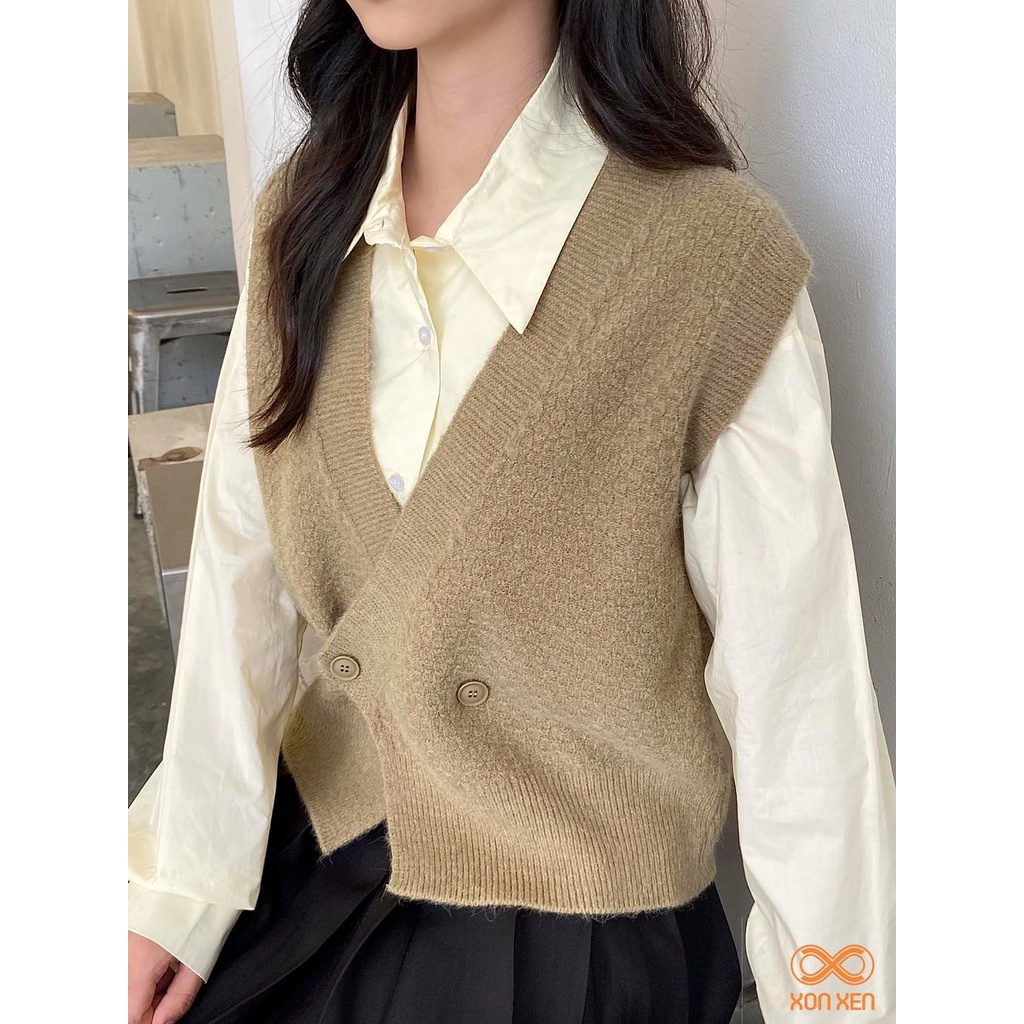 Áo len ghi lê nữ Áo ghi lê cổ tim đắp tà trước cá tính XONXEN SHOP freesize mã 09 | BigBuy360 - bigbuy360.vn