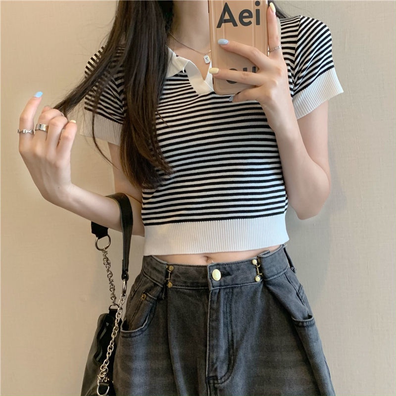 Áo Thun polo Dệt Kim Ngắn Tay Họa Tiết Kẻ Sọc Đơn Giản Thời Trang Mùa Hè Cho Nữ