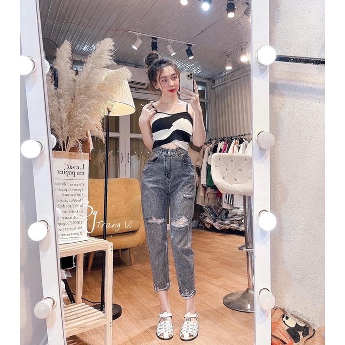 Quần bò baggy màu xanh khoét túi sau rách gối 2 bên xả lai cực chất  ảnh thật Lê Huy fashion Ms 1252