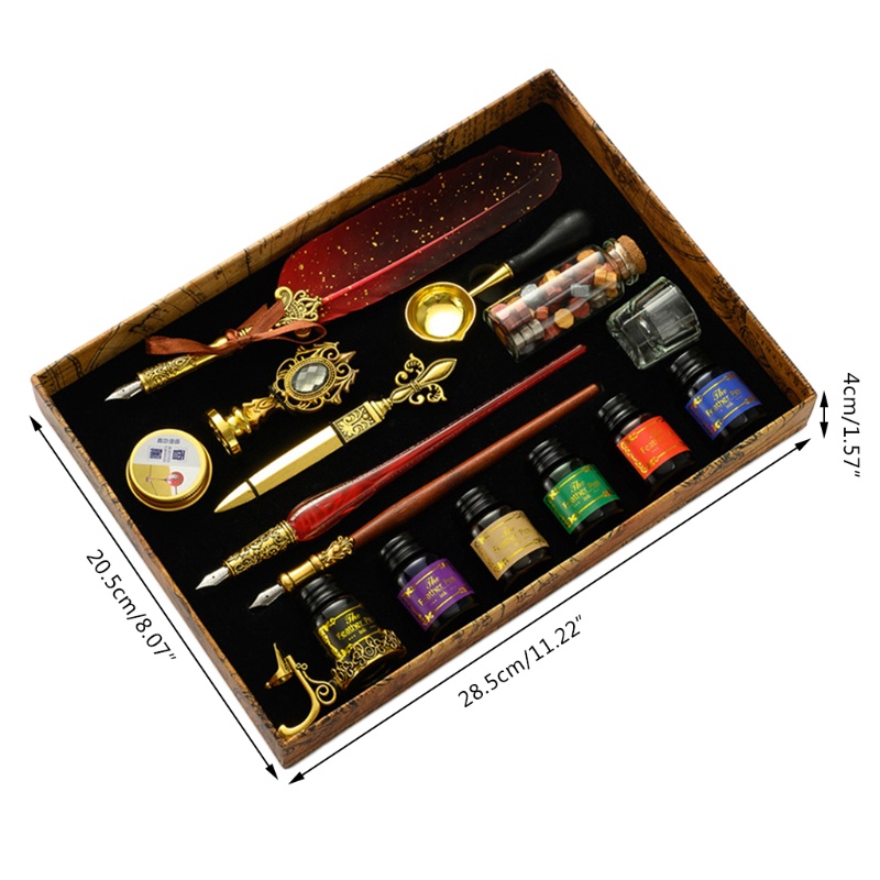 Bộ bút chấm mực vỏ thủy tinh + gỗ + lông vũ + 6 lọ sáng tạo cho người mới bắt đầu