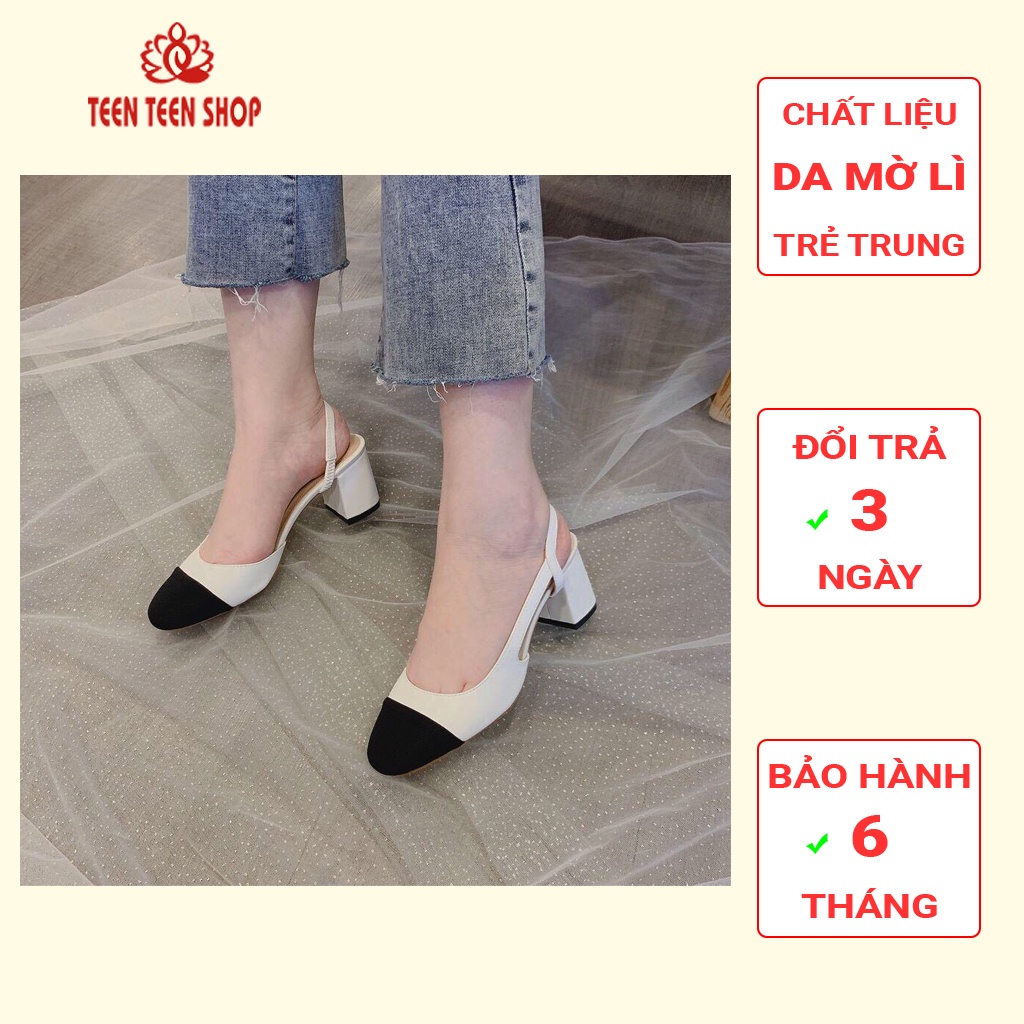 Sandal nữ khoét eo cao 6p mũi vuông phối màu đen nổi bật , giày nữ kiểu mới gót trụ giá rẻ, Teen Teen Shop.