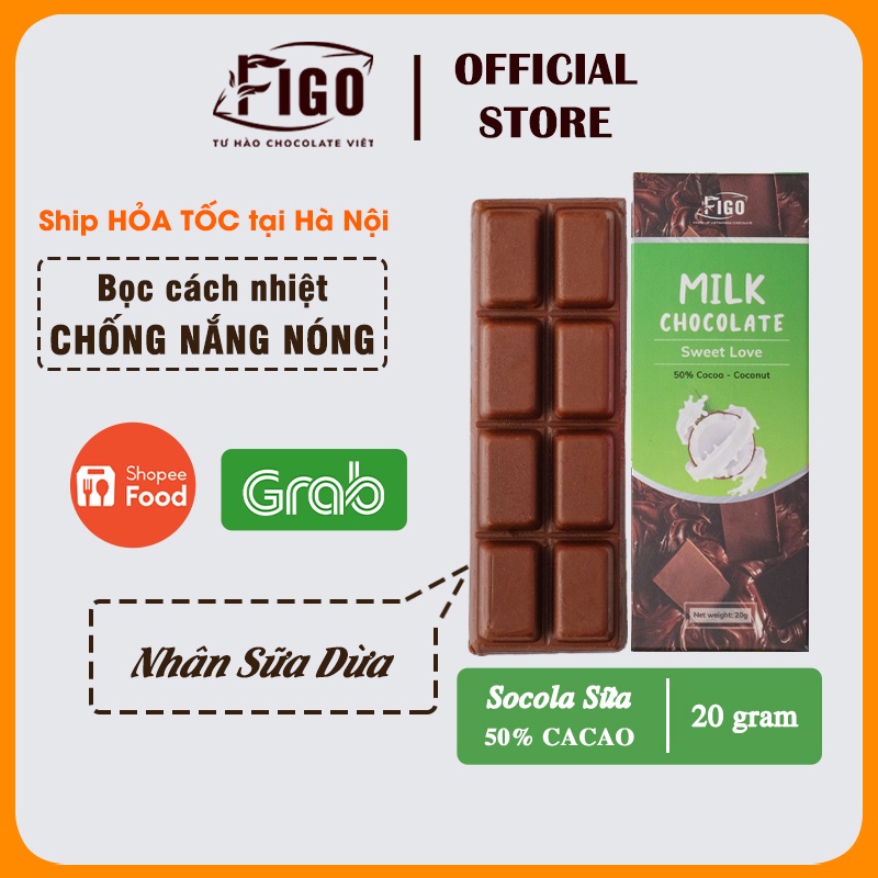 [Chính hãng] Bar 20gr- Milk Chocolate, Kẹo Socola sữa 50% Cacao nhân Sữa dừa giòn tan ngay trong miệng, Ăn là nghiện