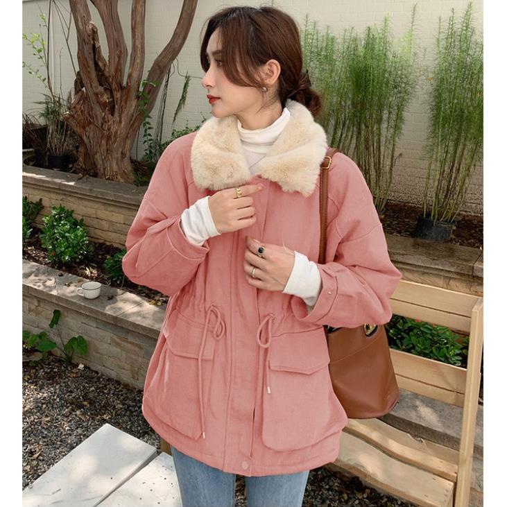 Áo Khoác Kaki ANOKO, Áo Khoác Nữ Jacket Cổ Phối Lông Dày Dây Rút Eo Dưới 65kg Thời Trang Thu Đông S120 | BigBuy360 - bigbuy360.vn