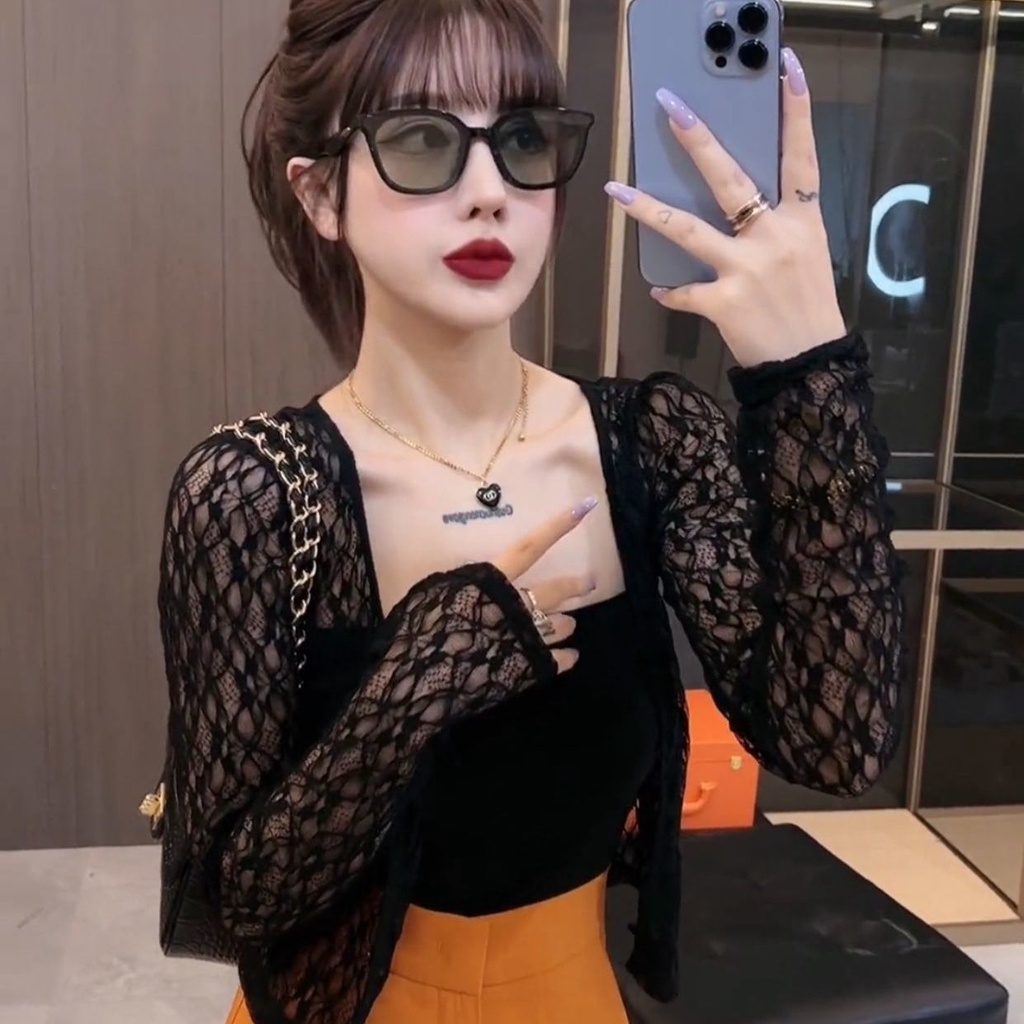 Áo Khoác cardigan Ren Mỏng Tay Dài Màu Đen Chống Nắng Thời Trang Mùa Hè Cho Nữ