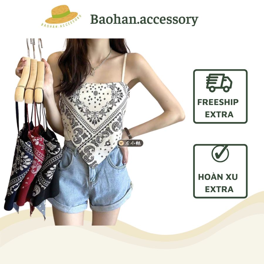 Áo 2 dây mix yếm thổ cẩm sexy 2021 hai màu đen trắng Bảo Hân