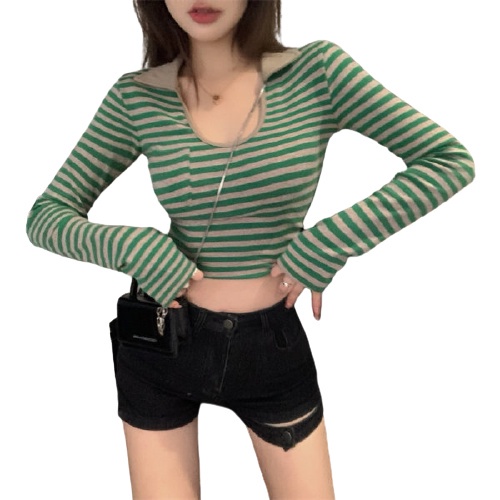 QKOOLE  Áo thun ôm dáng tay dài họa tiết kẻ sọc phong cách Hàn Quốc thời trang dành cho nữ