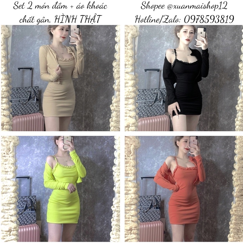 [FREESHIP - HÌNH THẬT] Set đầm body ngắn nữ hai dây phối ren + áo khoác tay dài nhiều màu