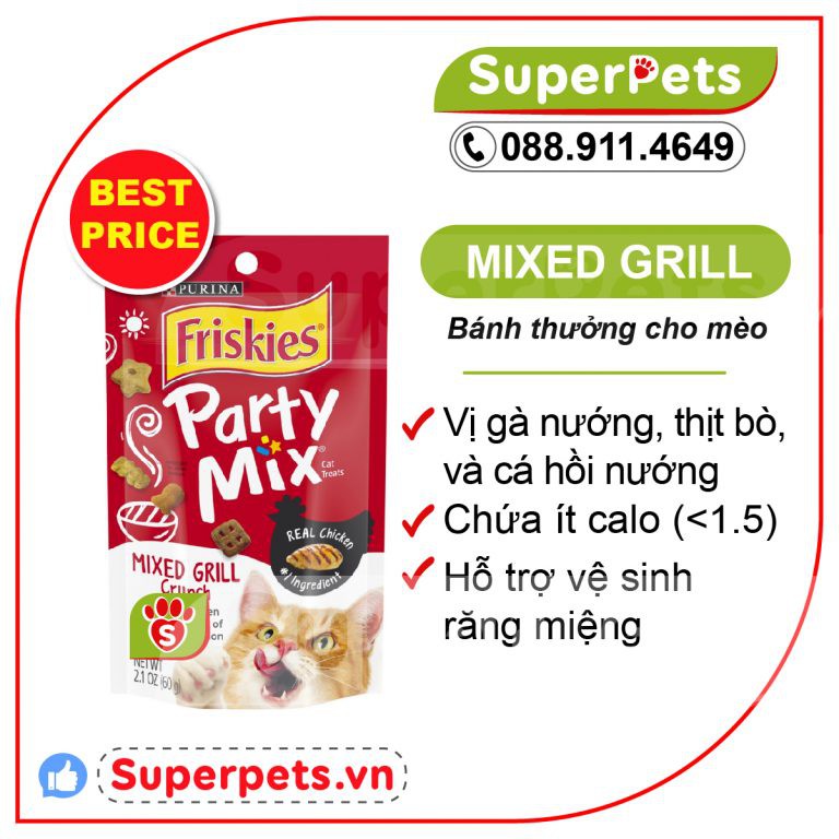 Purina Friskies Party Mix Vị Gà nướng,Cá Hồi,Thịt Bò - BánhThưởng Cho Mèo Trưởng Thành 60g/gói (USA)