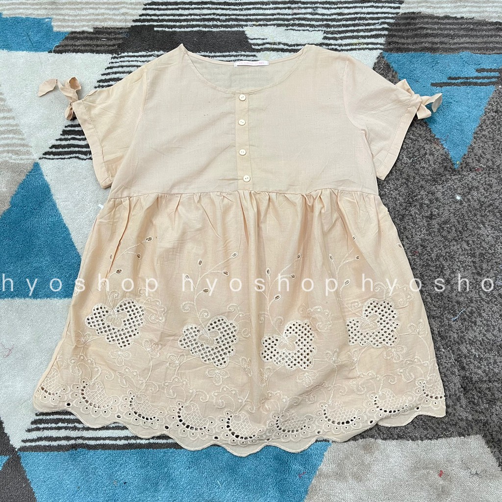 Áo bầu đẹp HYO babydoll thêu hoa thủ công chân khuy Freesize 65kg