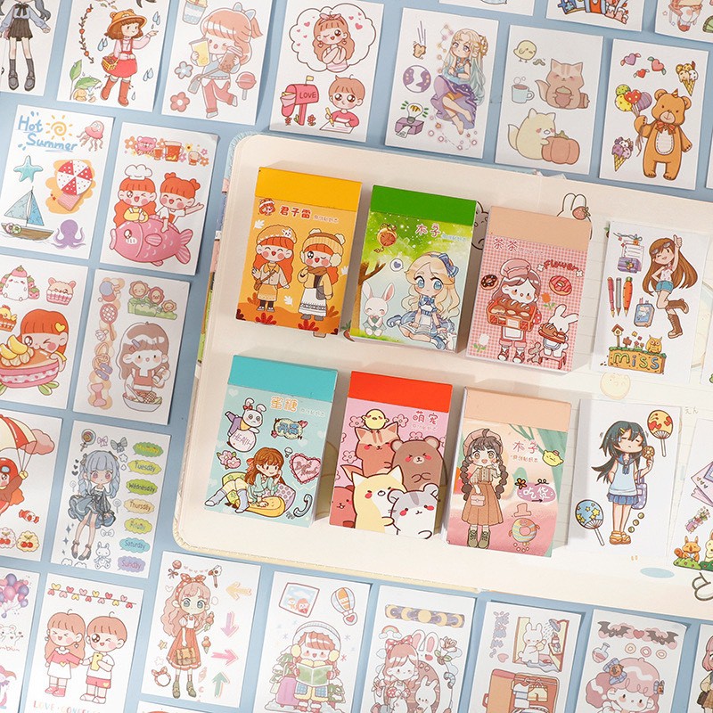 Set 50 Tờ Hình Dán Trang Trí Sổ Lưu Niệm / Sách Họa Tiết Hoạt Hình Dễ Thương Mini Doudou Sticker Book A-05