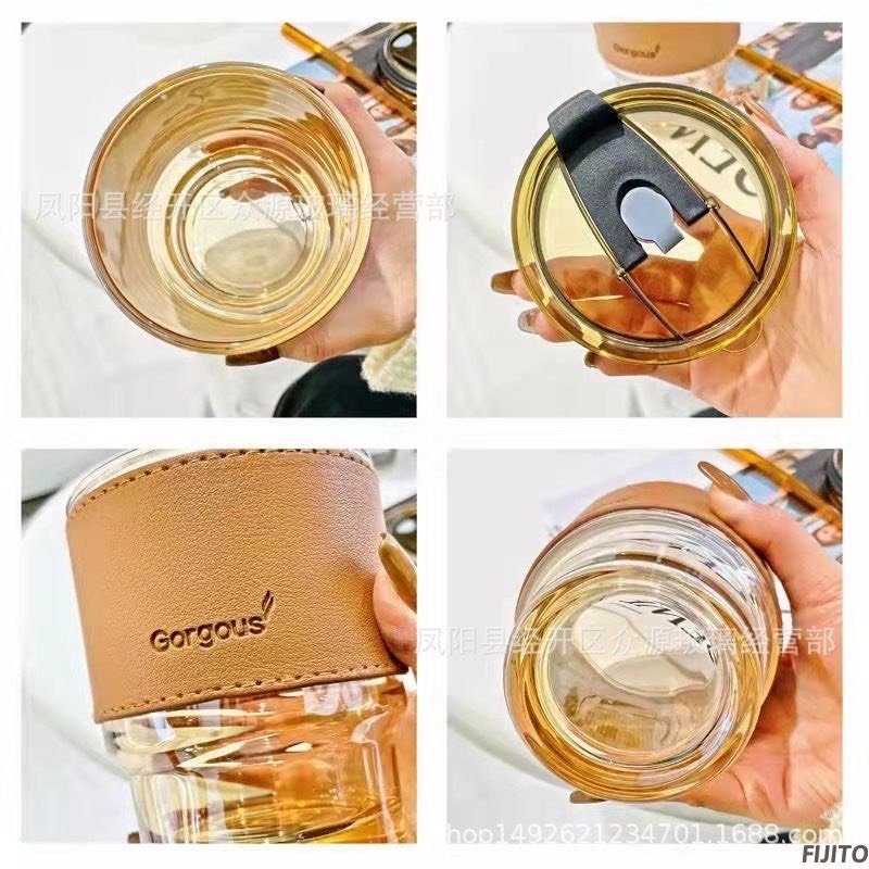 Cốc thủy tinh GorGous bọc da có nắp kèm ống hút - Ly thuỷ tinh GorGous bọc da sang chảnh chống bỏng pha sữa cafe 450ml