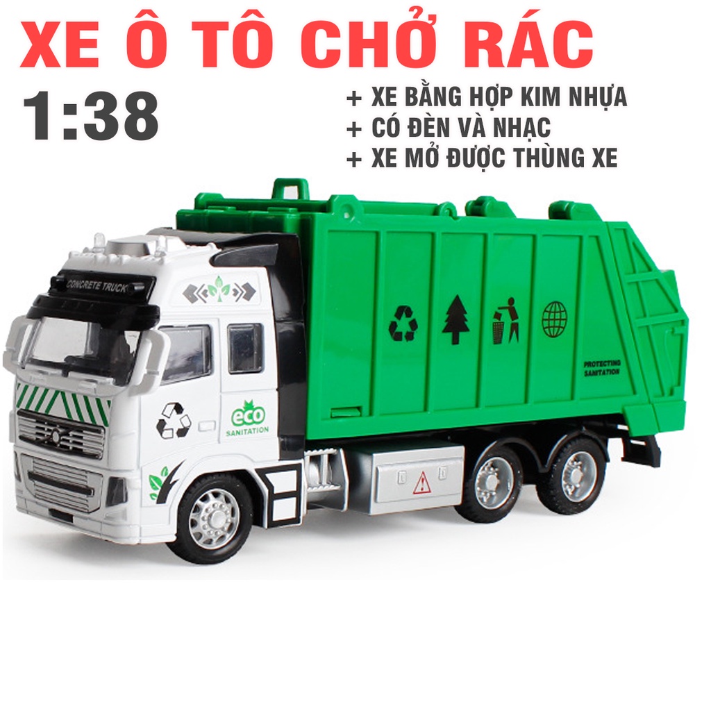 Xe ô tô chở rác đồ chơi trẻ em tỉ lệ 1:38 xe chạy cót cabin bằng kim loại có âm thanh động cơ và đèn