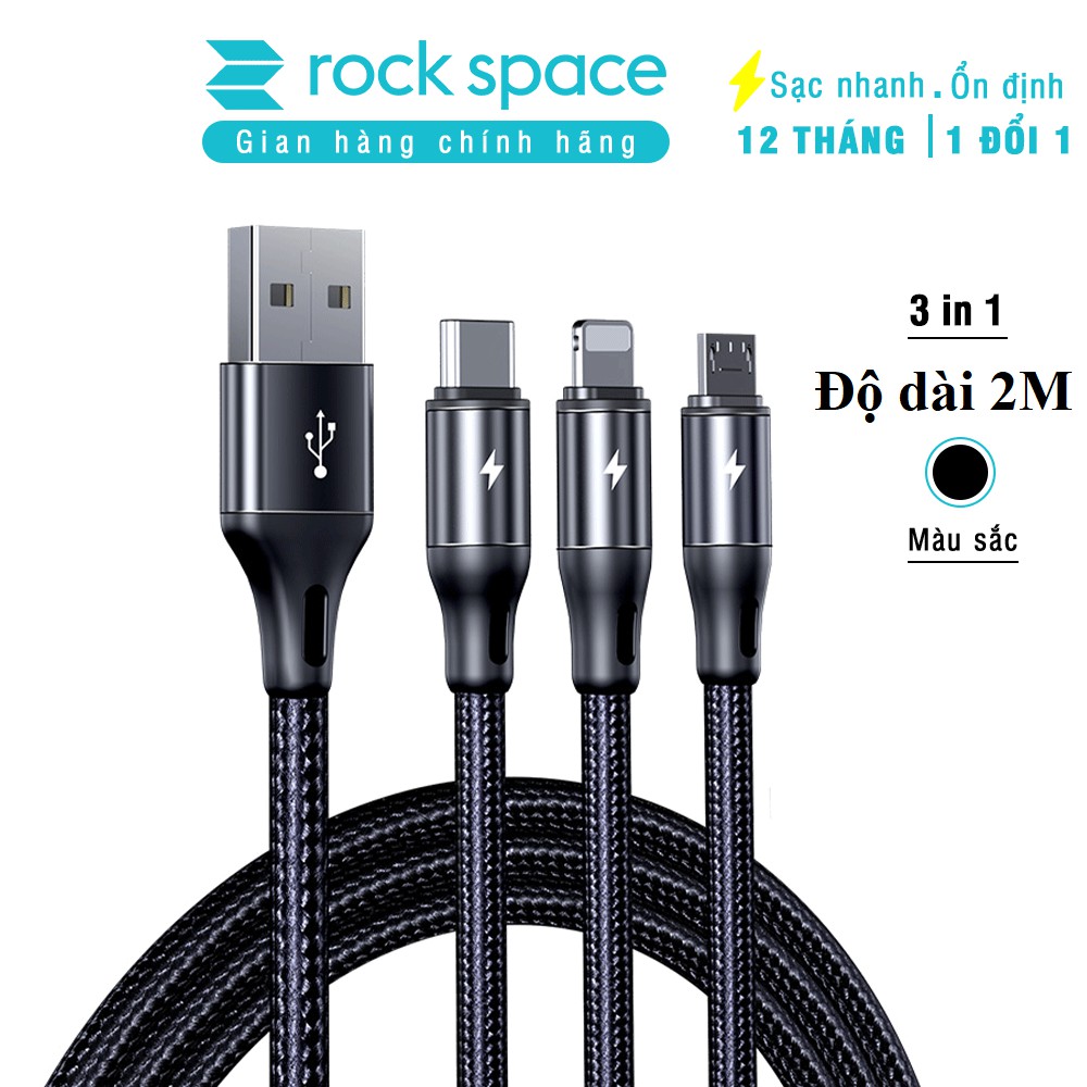 Cáp sạc Rockspace  2m dây dù 3 cổng Lightning / Micro USB/ chuẩn C sạc 3 thiết bị cùng lúc,sạc nhanh, hàng chính hãng