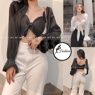 Áo kiểu cột nơ trước ngực ống tay loe dài tay kiểu sexy freesize dưới 55kg "rose"
