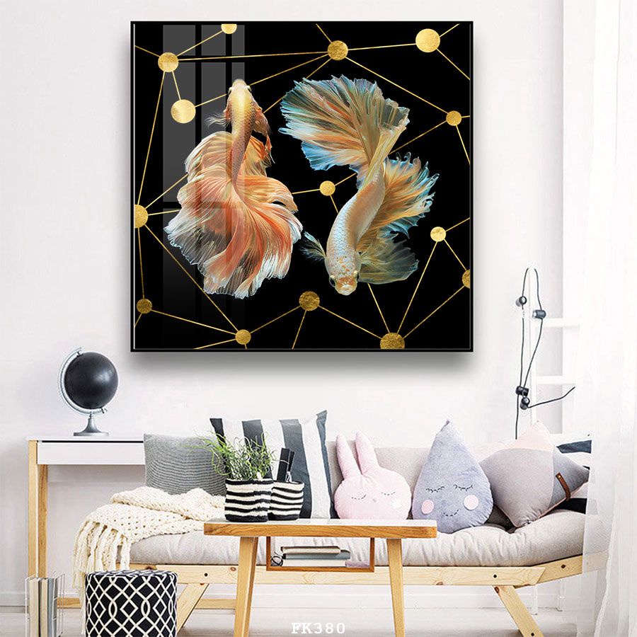 Tranh Cá Cửu Ngư, Tranh tráng gương in UV 5D Mica bóng mịn Ceramic, tranh treo tường phòng khách, tranh treo tường decor
