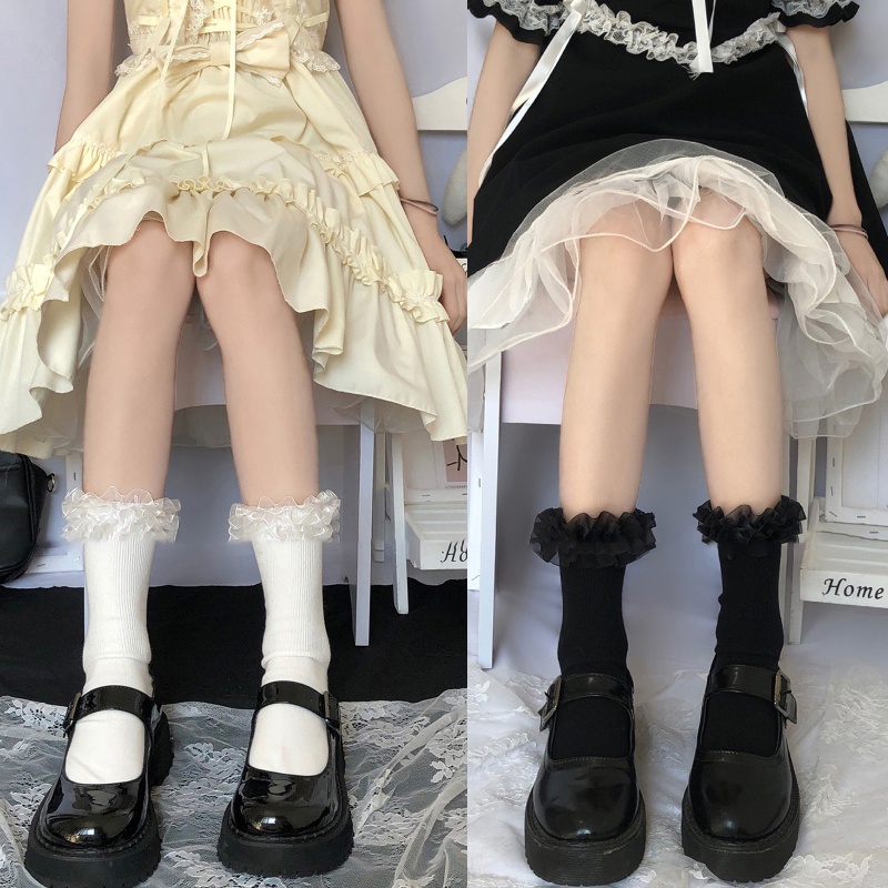 Xixi Vớ Cotton Cổ Thuyền Màu Trơn Viền Ren Nhún Bèo Phong Cách Harajuku Nhật Bản Ngọt Ngào Cho Nữ