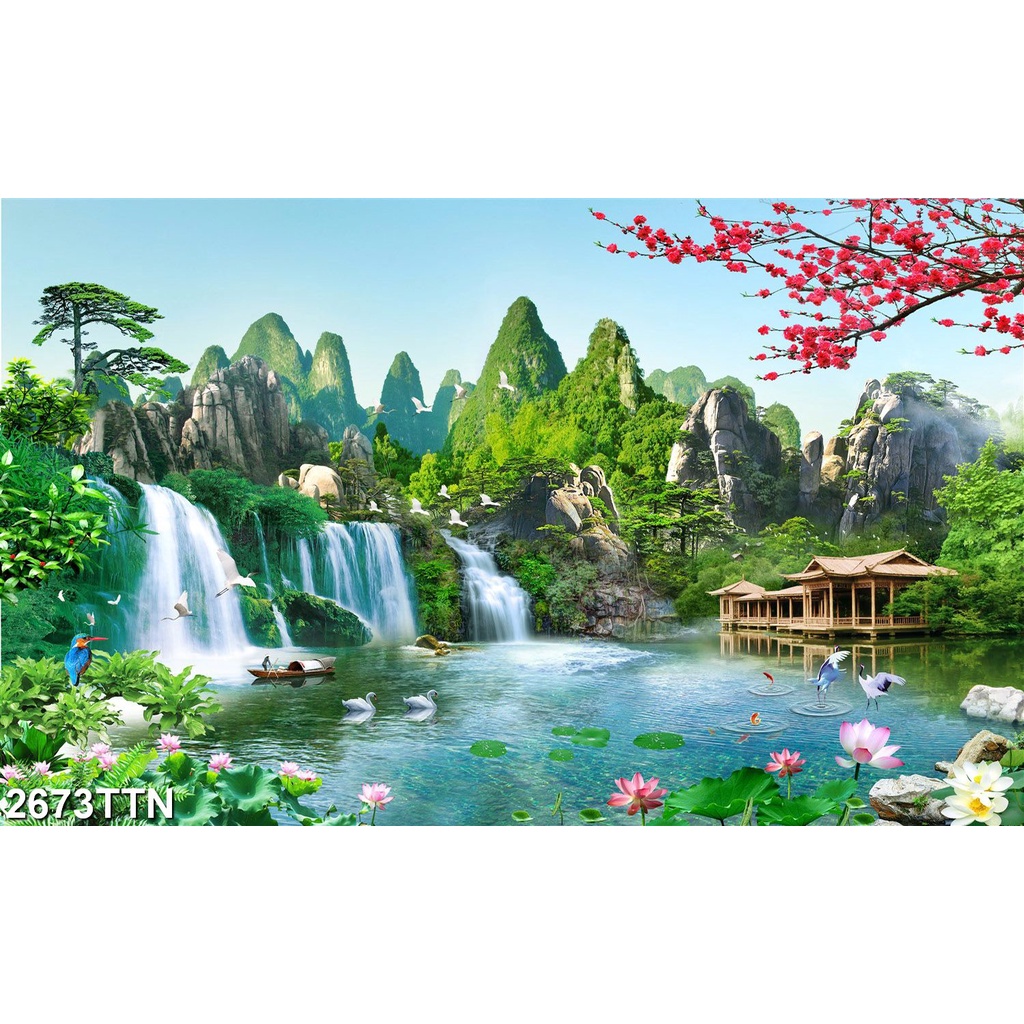 Tranh dán tường 3d Sơn Thủy Hữu Tình - Tranh 3D Phong Thủy - Giấy dán tường 3d - 2673TTN