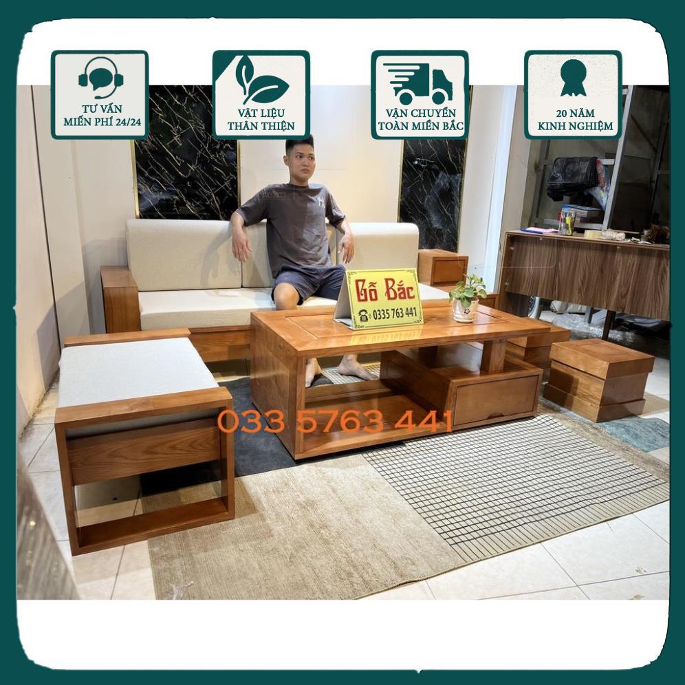 Sofa gỗ sồi nga 100% cho phòng khách hiện đại, phong cách sang trọng, kích thước ghế dài 2m3 kèm bàn trà và 1 đôn diđộng